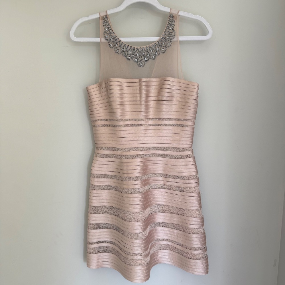 BCBGMAXAZRIA Morgane Dress Blush Nude Cream Rhinestone Illusion Neck Pleats SZ 4
